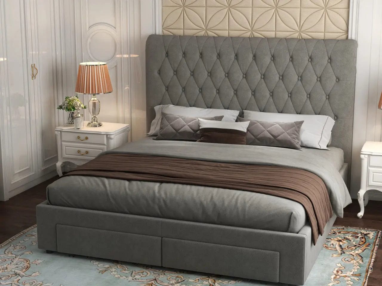 Pat dormitor dumonde, tapitat gri, Hypnos 160x200 cm, somiera inclusa, spatiu depozitare
