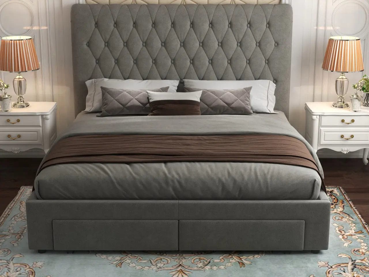 Pat dormitor dumonde, tapitat gri, Hypnos 160x200 cm, somiera inclusa, spatiu depozitare
