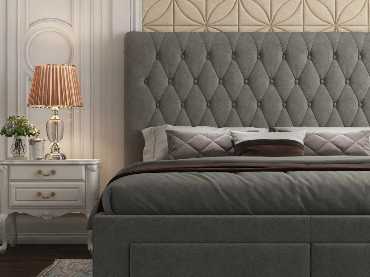 Pat dormitor dumonde, tapitat gri, Hypnos 160x200 cm, somiera inclusa, spatiu depozitare