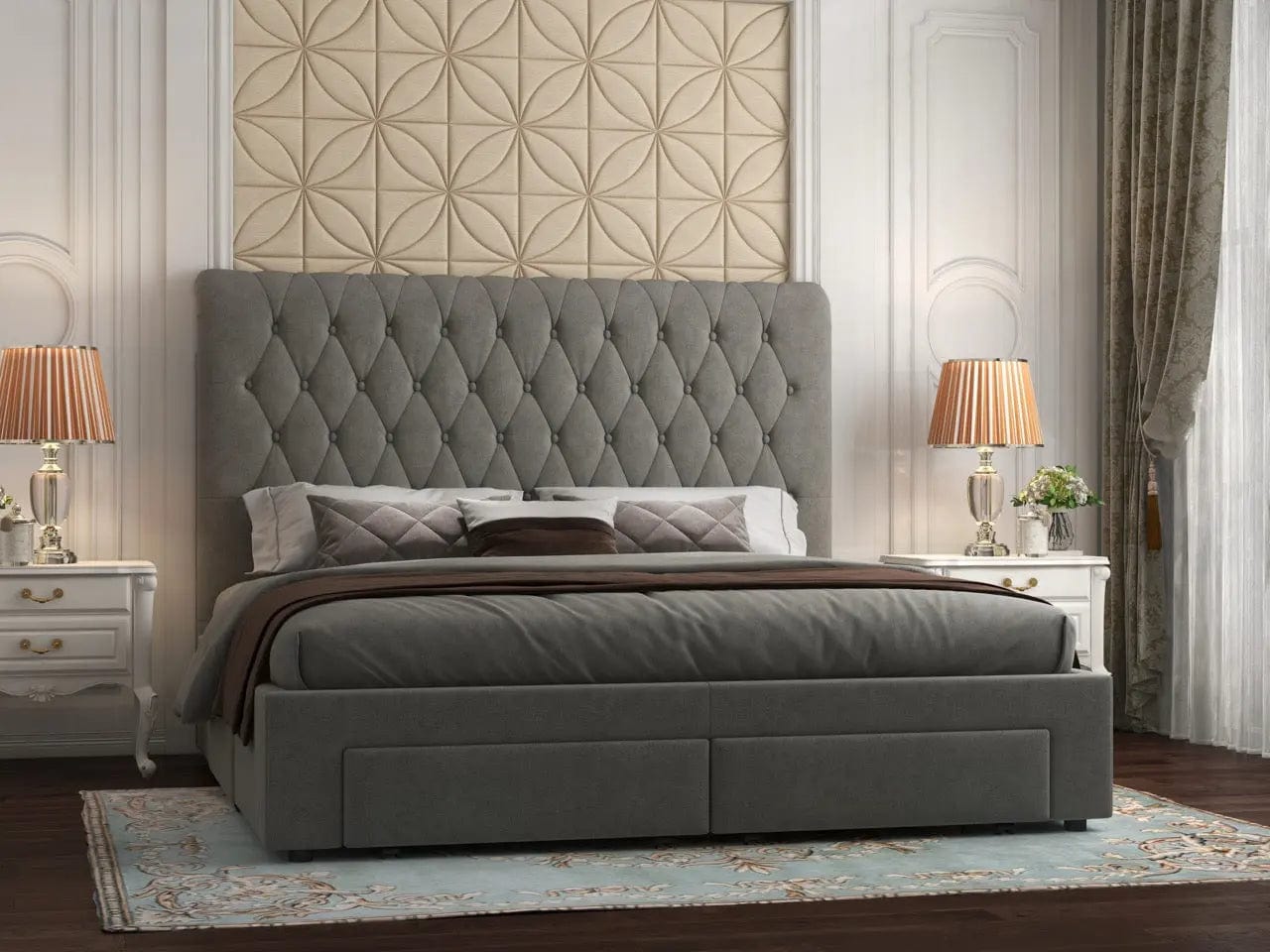 Pat dormitor dumonde, tapitat gri, Hypnos 160x200 cm, somiera inclusa, spatiu depozitare