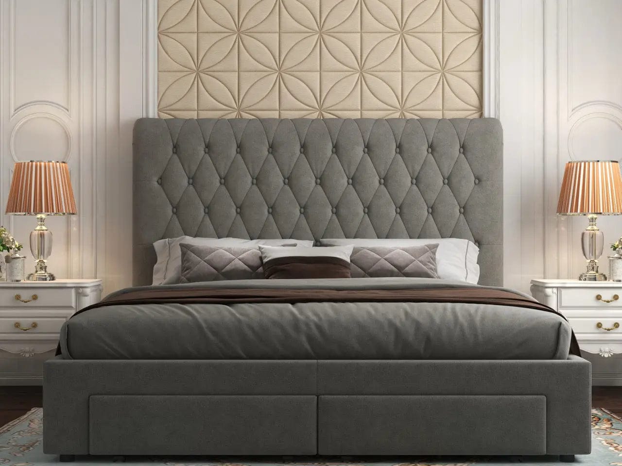Pat dormitor dumonde, tapitat gri, Hypnos 160x200 cm, somiera inclusa, spatiu depozitare
