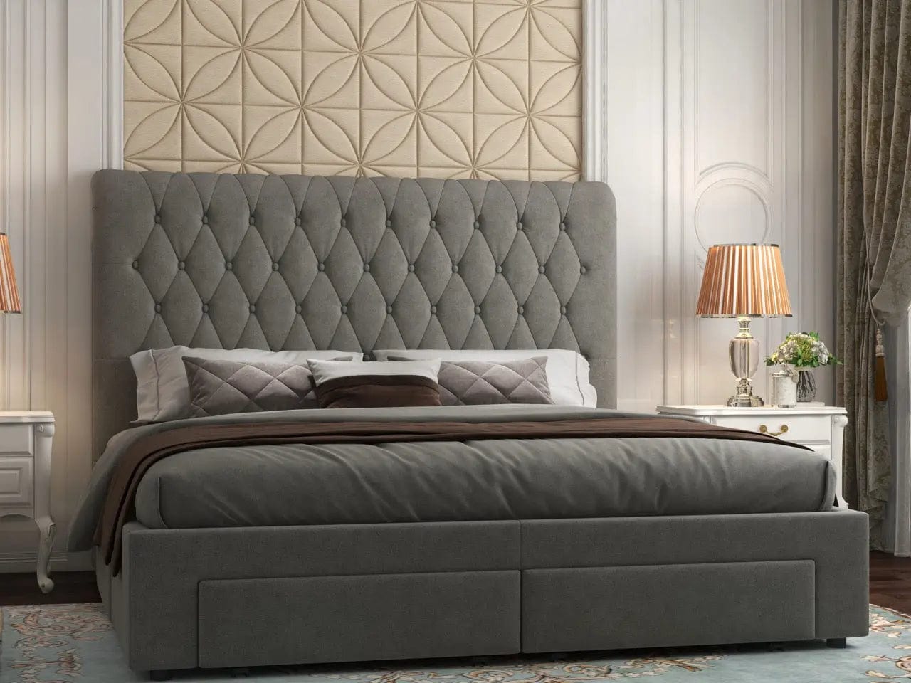Pat dormitor dumonde, tapitat gri, Hypnos 160x200 cm, somiera inclusa, spatiu depozitare