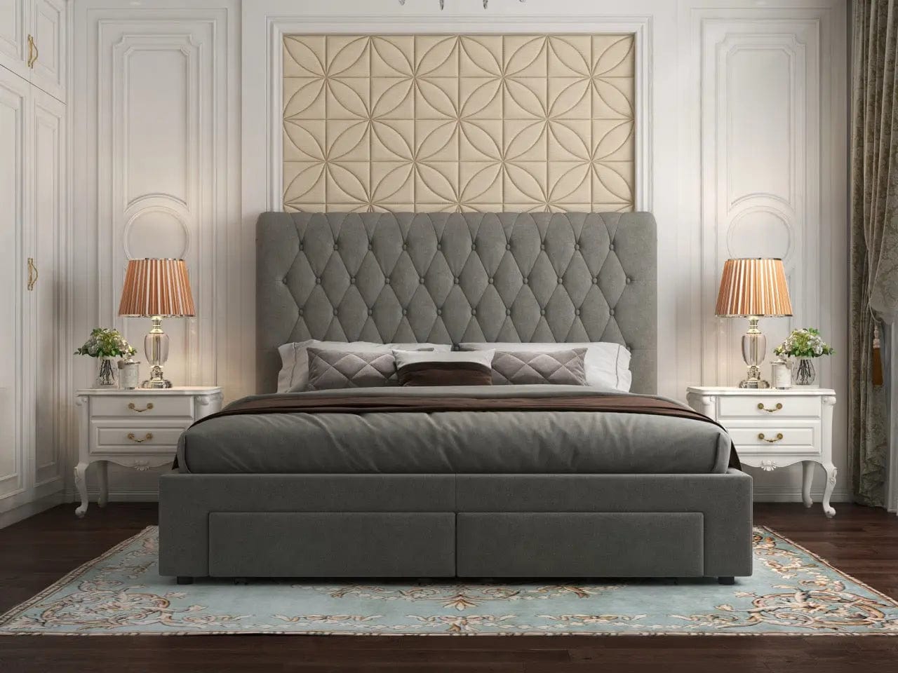 Pat dormitor dumonde, tapitat gri, Hypnos 160x200 cm, somiera inclusa, spatiu depozitare