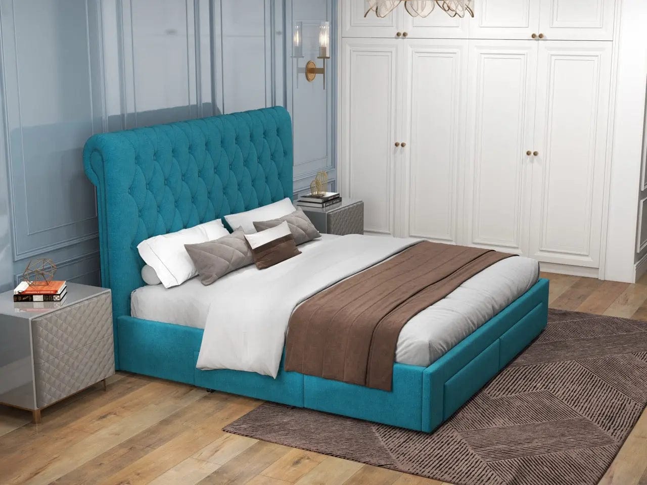 Pat dormitor dumonde, tapitat turcoaz, Hypnos 160x200 cm, somiera inclusa, spatiu depozitare