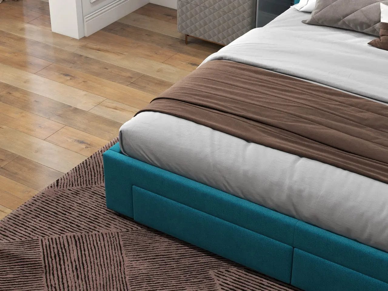 Pat dormitor dumonde, tapitat turcoaz, Hypnos 160x200 cm, somiera inclusa, spatiu depozitare