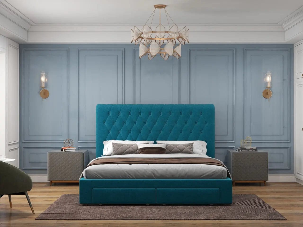Pat dormitor dumonde, tapitat turcoaz, Hypnos 160x200 cm, somiera inclusa, spatiu depozitare