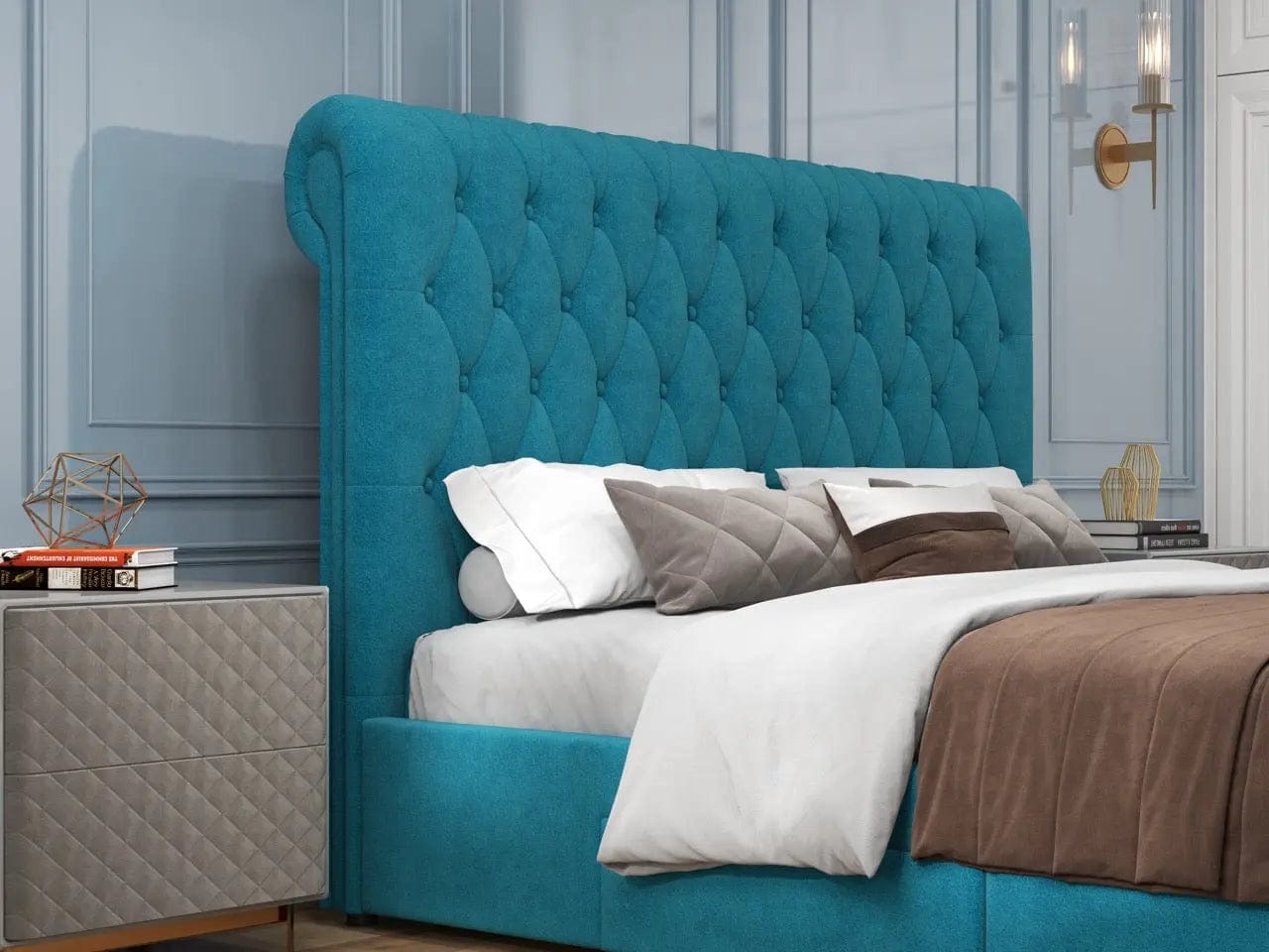 Pat dormitor dumonde, tapitat turcoaz, Hypnos 160x200 cm, somiera inclusa, spatiu depozitare