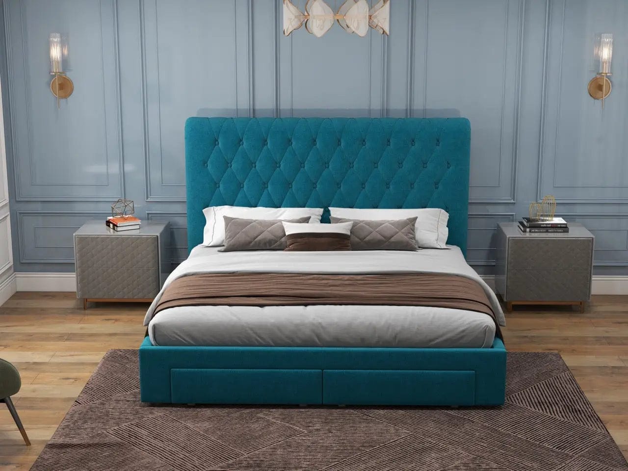 Pat dormitor dumonde, tapitat turcoaz, Hypnos 160x200 cm, somiera inclusa, spatiu depozitare