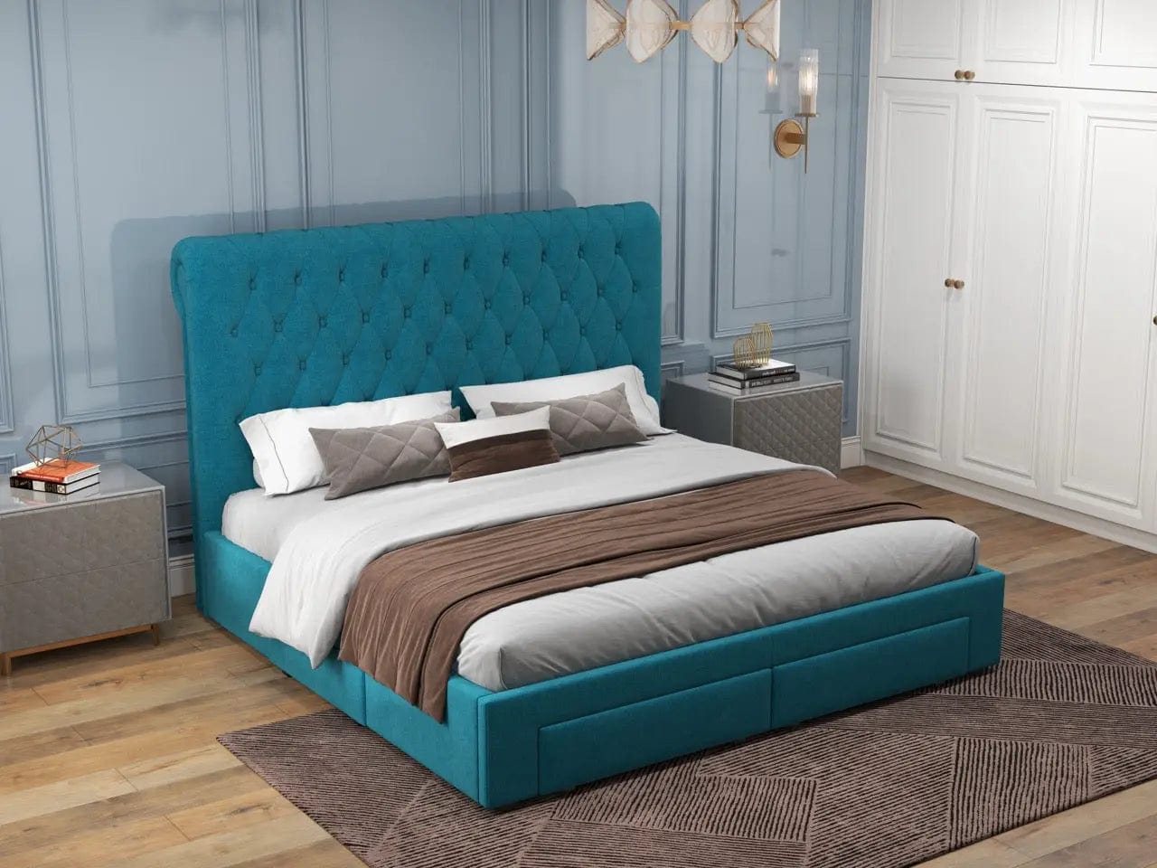 Pat dormitor dumonde, tapitat turcoaz, Hypnos 160x200 cm, somiera inclusa, spatiu depozitare