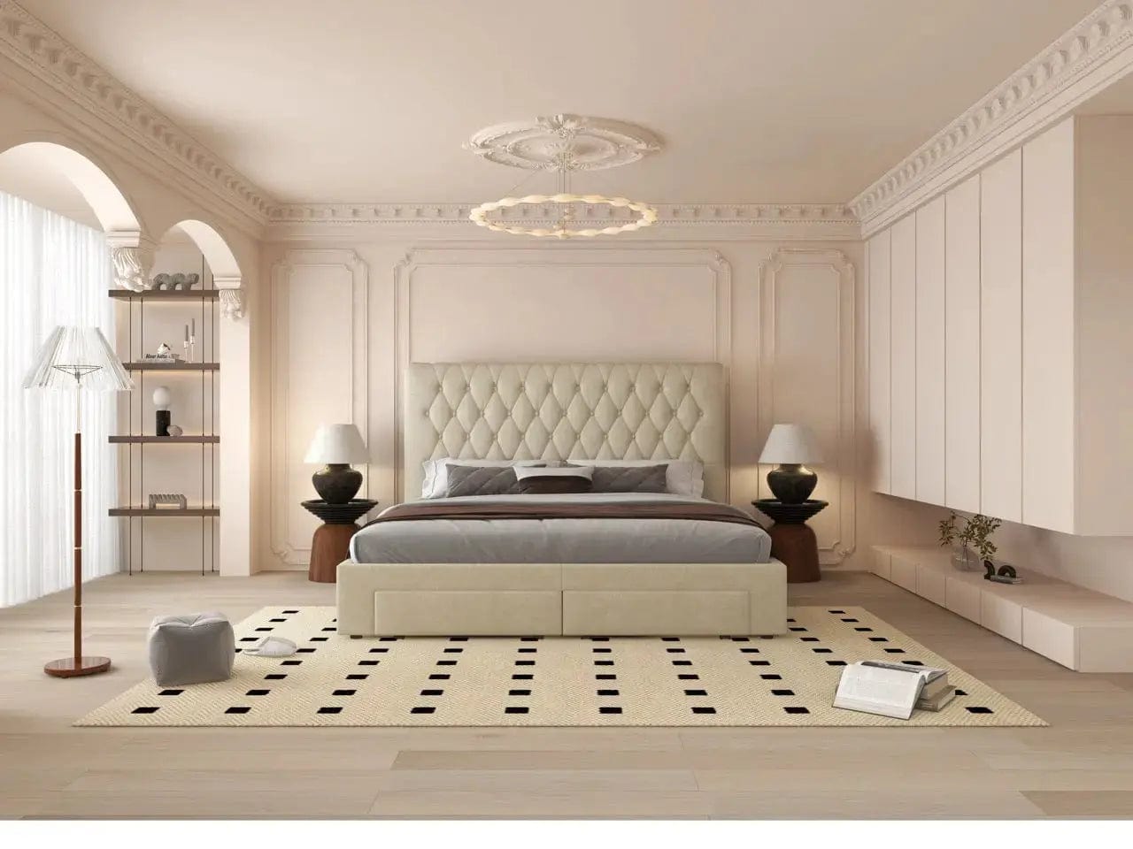 Pat dormitor dumonde, tapitat bej, Hypnos 180x200 cm, somiera inclusa, spatiu depozitare