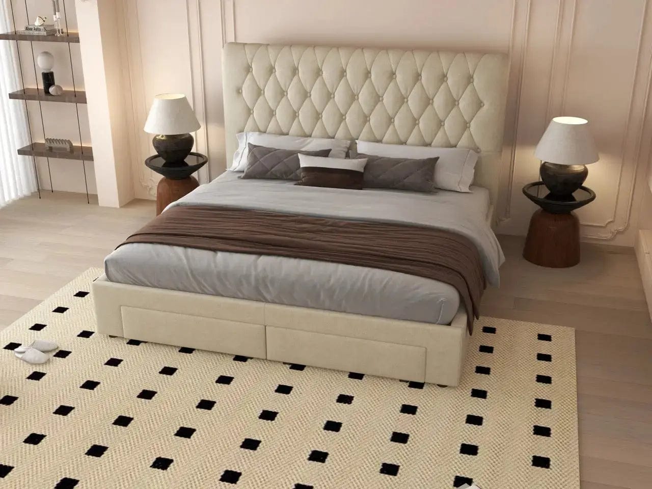 Pat dormitor dumonde, tapitat bej, Hypnos 180x200 cm, somiera inclusa, spatiu depozitare