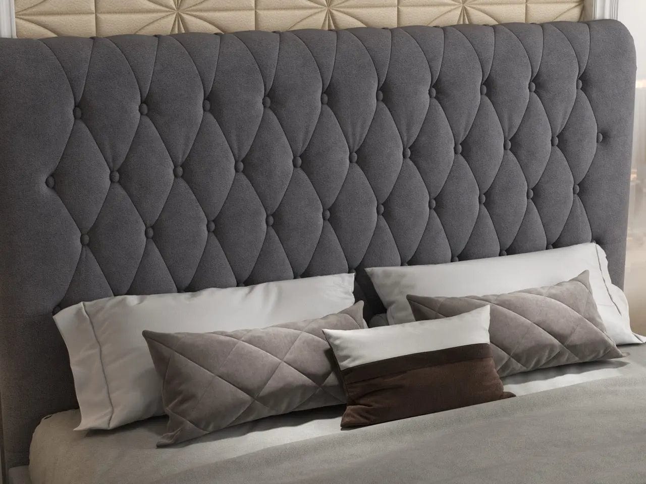 Pat dormitor dumonde, tapitat gri, Hypnos 180x200 cm, somiera inclusa, spatiu depozitare