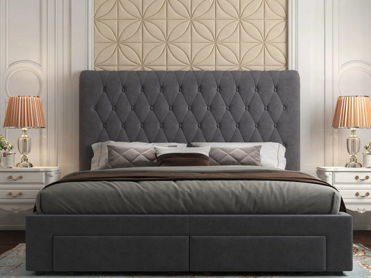 Pat dormitor dumonde, tapitat gri, Hypnos 180x200 cm, somiera inclusa, spatiu depozitare