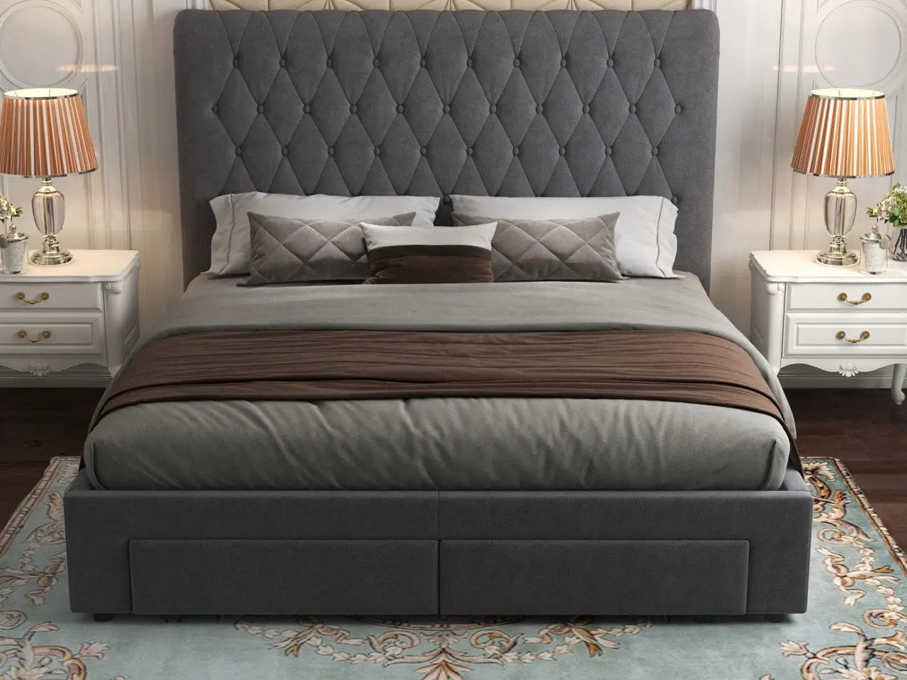 Pat dormitor dumonde, tapitat gri, Hypnos 180x200 cm, somiera inclusa, spatiu depozitare