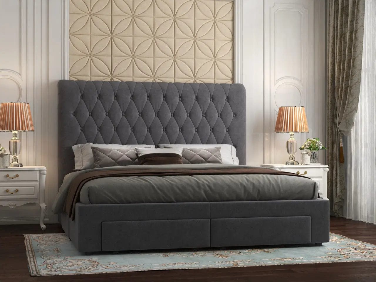 Pat dormitor dumonde, tapitat gri, Hypnos 180x200 cm, somiera inclusa, spatiu depozitare
