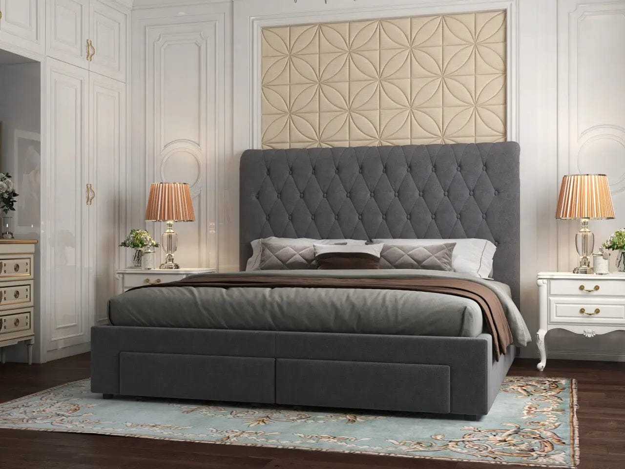 Pat dormitor dumonde, tapitat gri, Hypnos 180x200 cm, somiera inclusa, spatiu depozitare