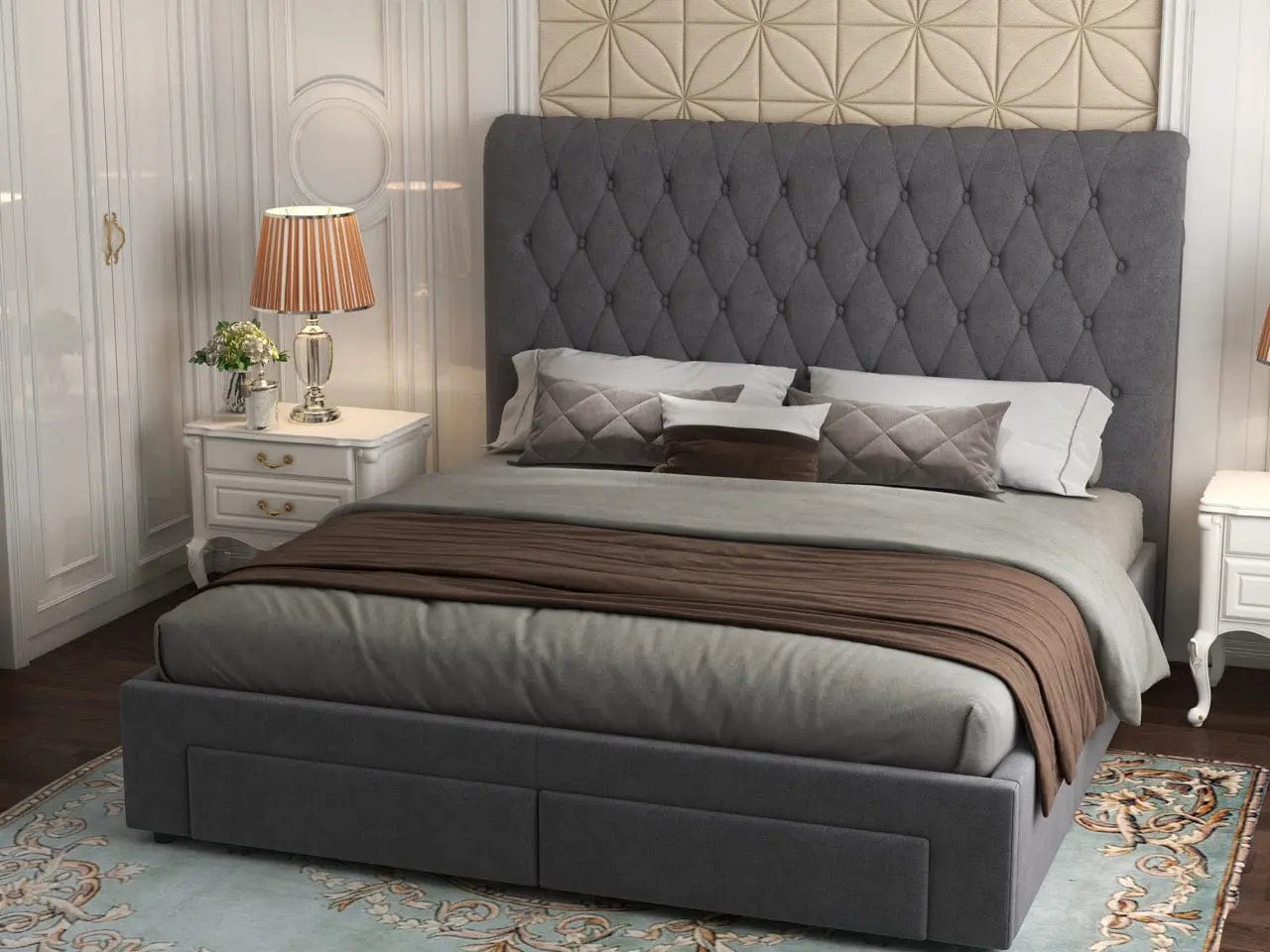 Pat dormitor dumonde, tapitat gri, Hypnos 180x200 cm, somiera inclusa, spatiu depozitare