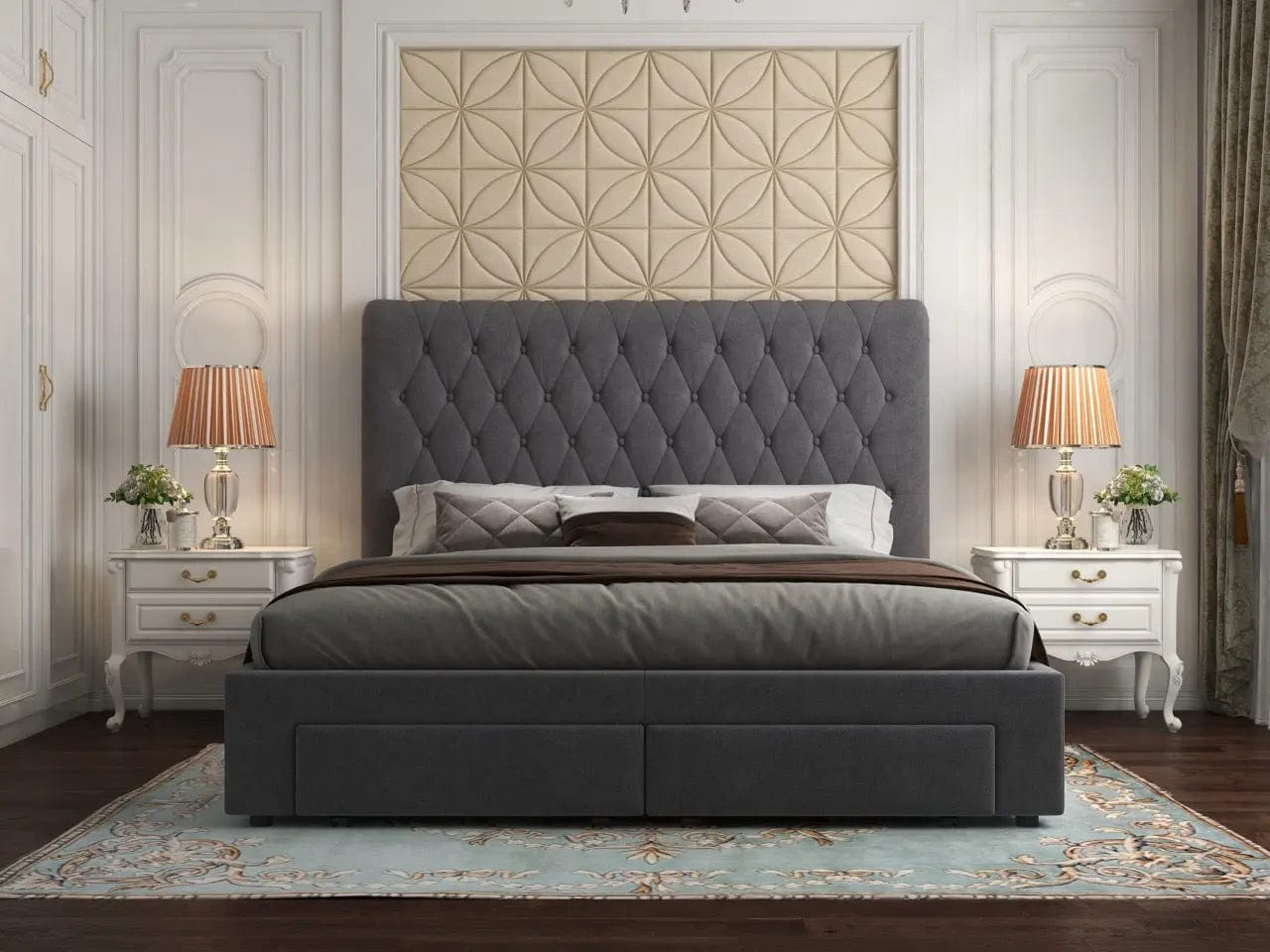 Pat dormitor dumonde, tapitat gri, Hypnos 180x200 cm, somiera inclusa, spatiu depozitare