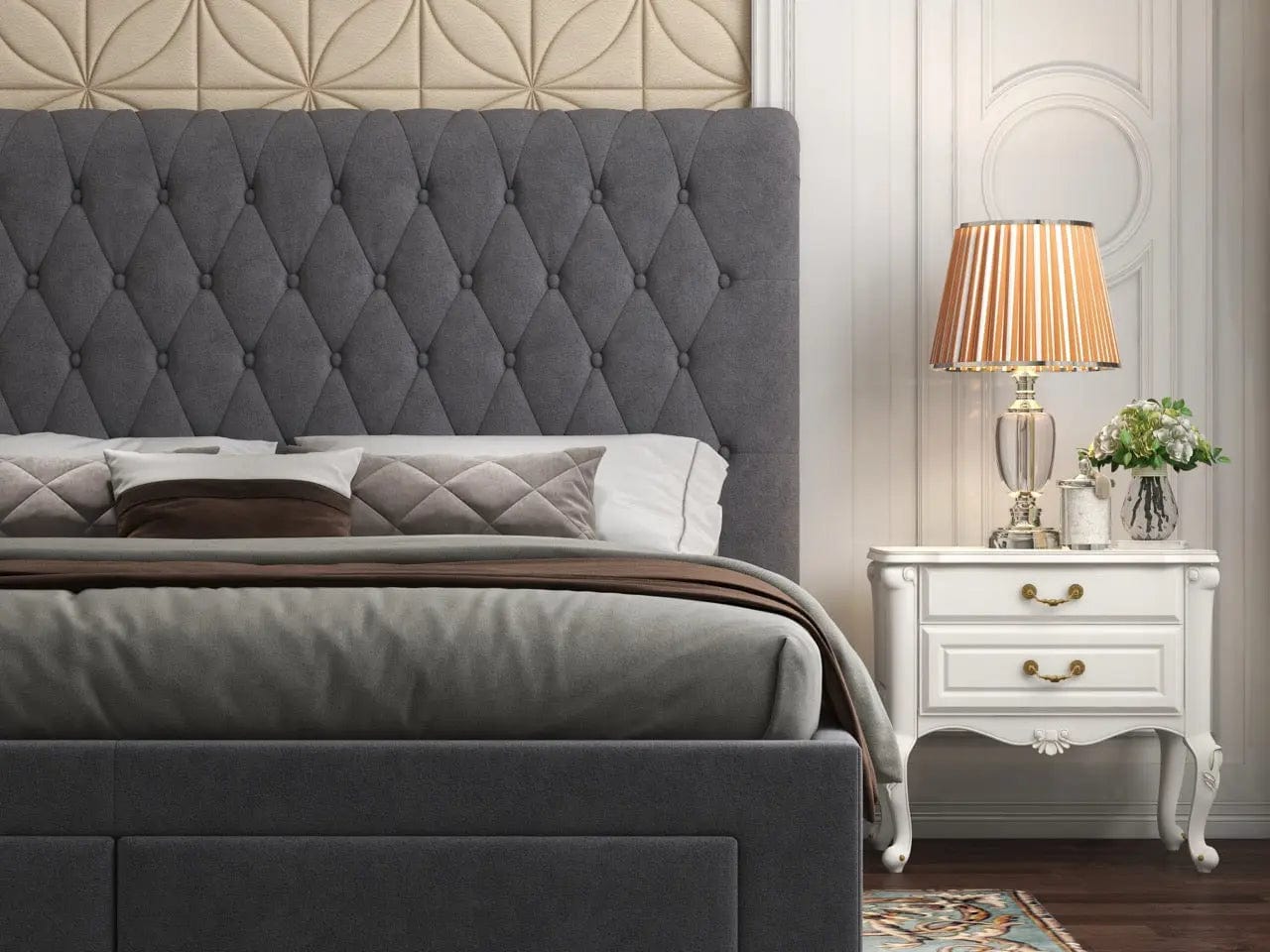 Pat dormitor dumonde, tapitat gri, Hypnos 180x200 cm, somiera inclusa, spatiu depozitare