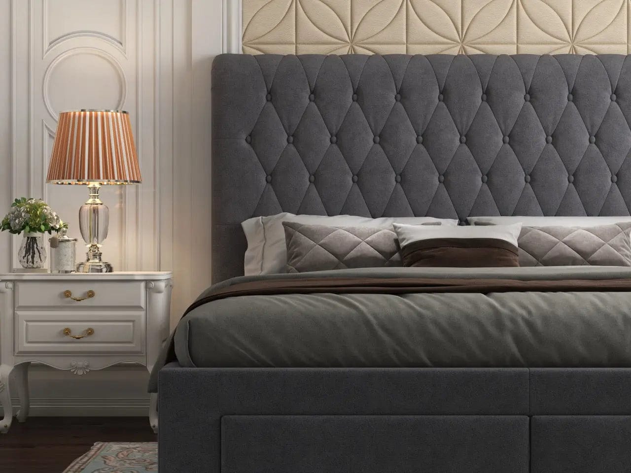 Pat dormitor dumonde, tapitat gri, Hypnos 180x200 cm, somiera inclusa, spatiu depozitare