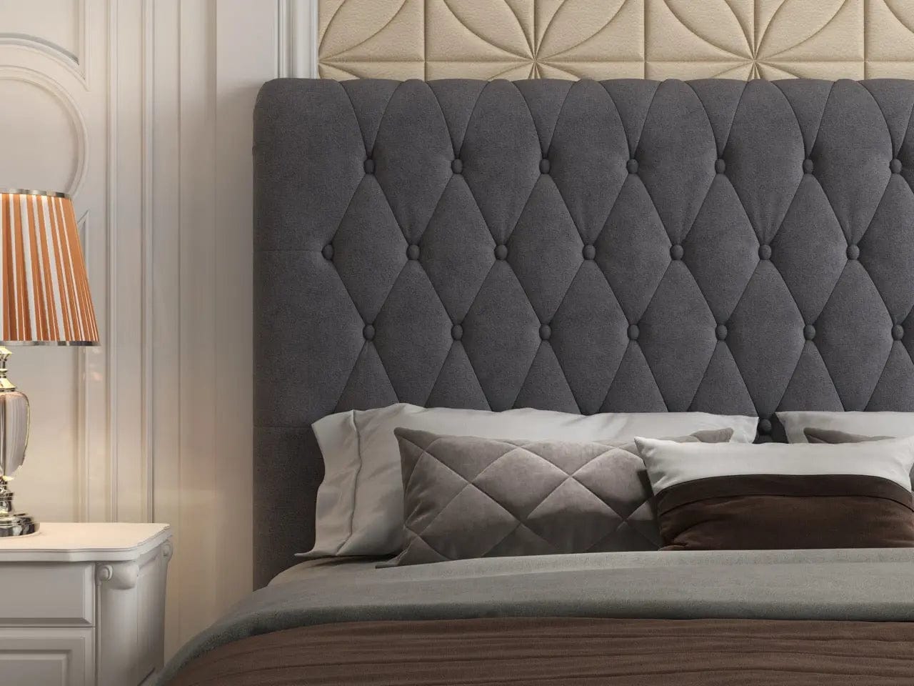 Pat dormitor dumonde, tapitat gri, Hypnos 180x200 cm, somiera inclusa, spatiu depozitare