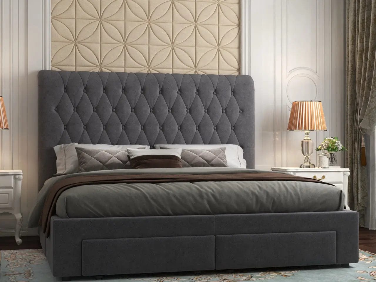 Pat dormitor dumonde, tapitat gri, Hypnos 180x200 cm, somiera inclusa, spatiu depozitare