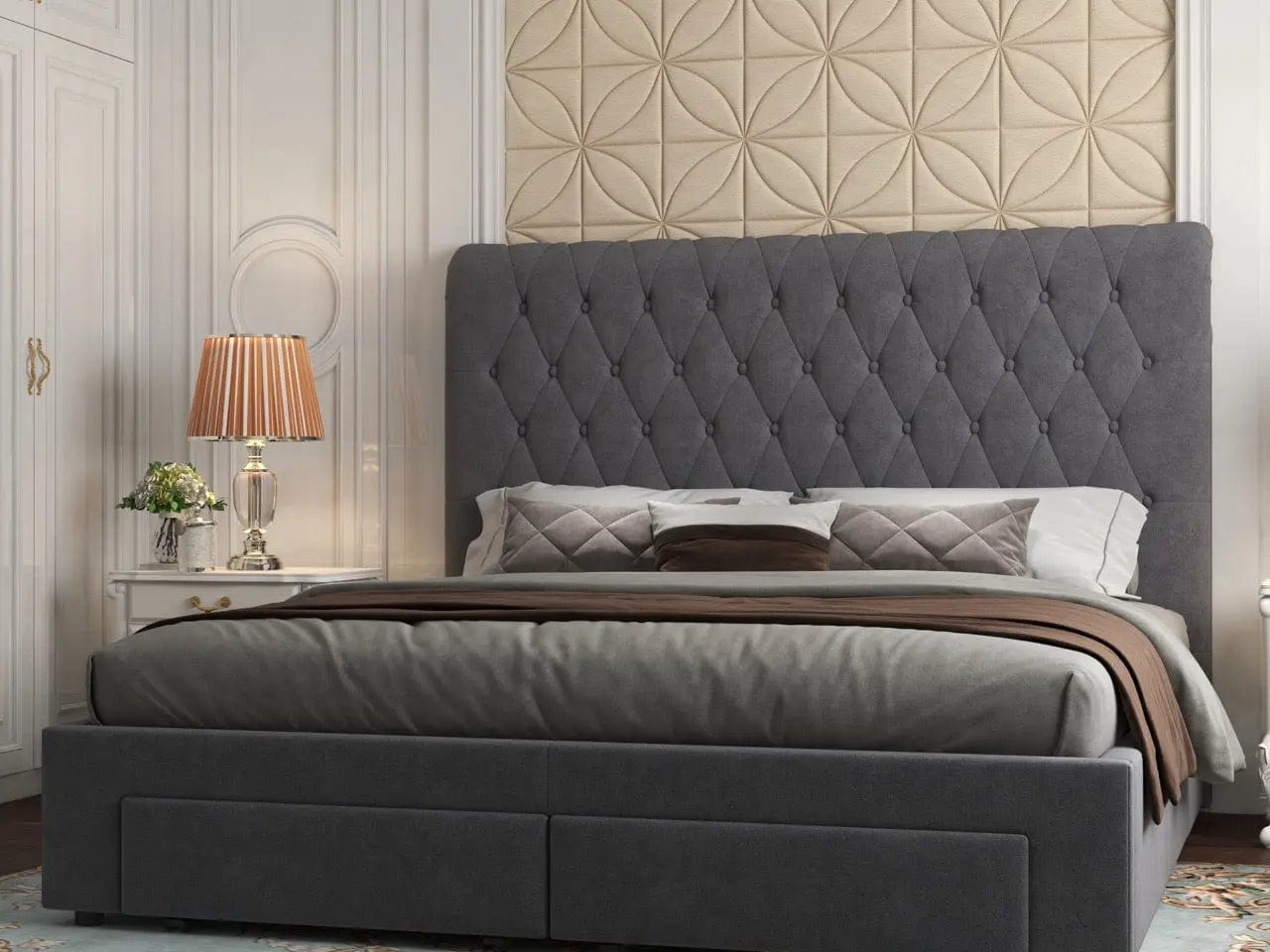 Pat dormitor dumonde, tapitat gri, Hypnos 180x200 cm, somiera inclusa, spatiu depozitare