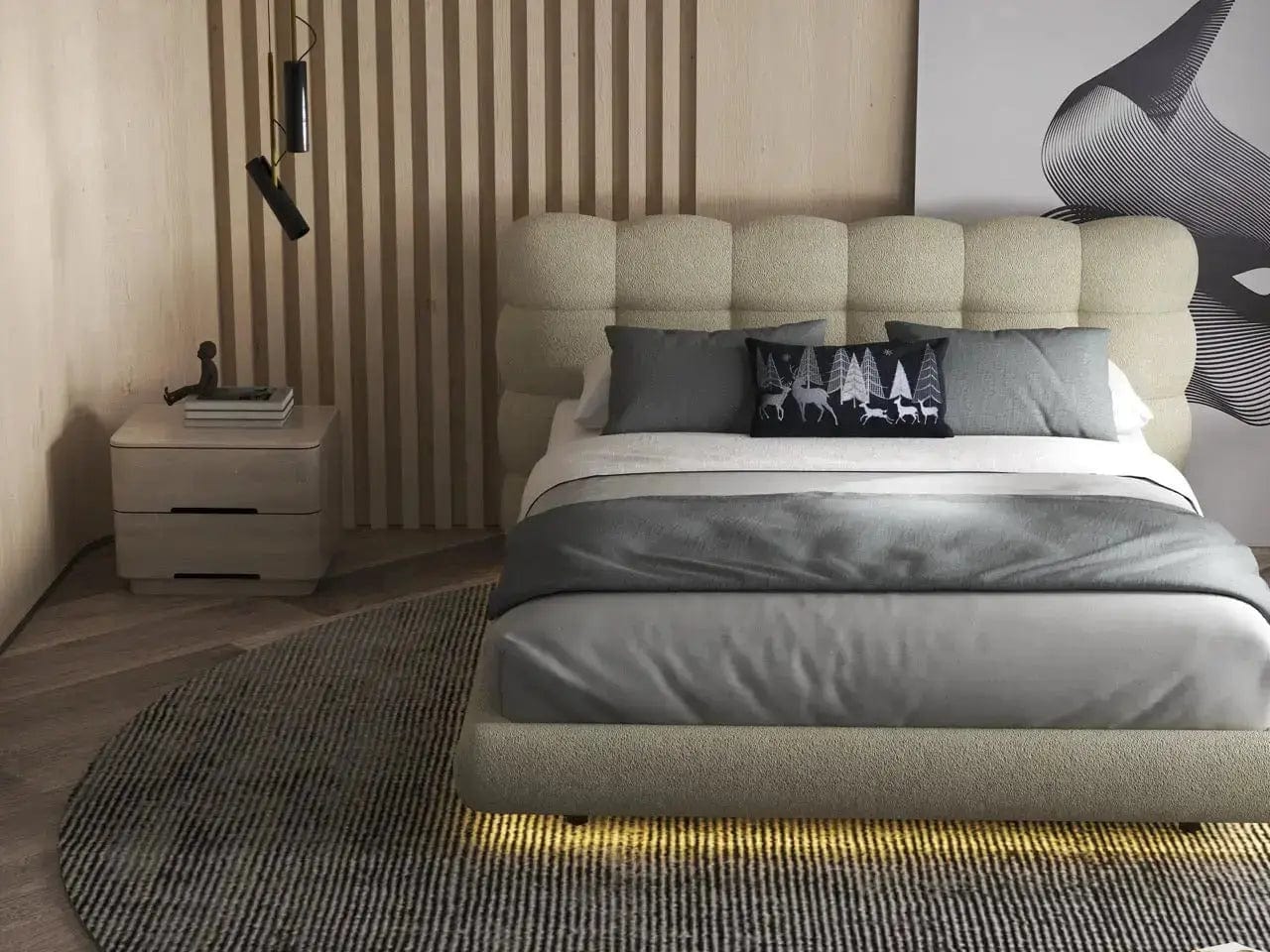 Pat dormitor dumonde, tapitat bej cu LED, "floating bed" Cloud 140x200 cm, somiera inclusa