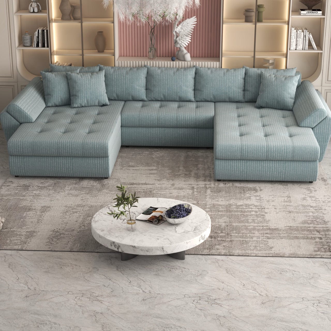 Colțar extensibil dumonde cu ladă de depozitare si sezut confortabil din spuma HR, Loana U Mint Ambience 355x185 cm Fabrica