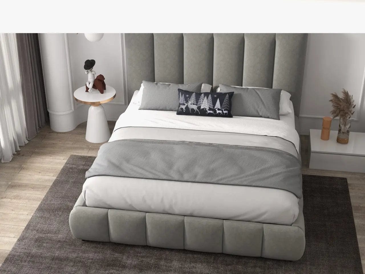 Pat dormitor dumonde, tapitat gri, Divaneo 160x200 cm, somiera rabatabila inclusa, spatiu depozitare