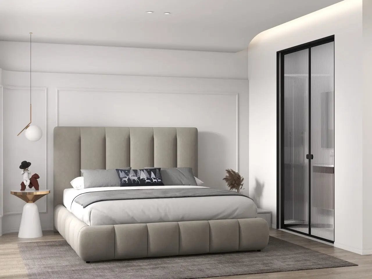 Pat dormitor dumonde, tapitat bej, Divaneo 140x200 cm, somiera rabatabila inclusa, spatiu depozitare