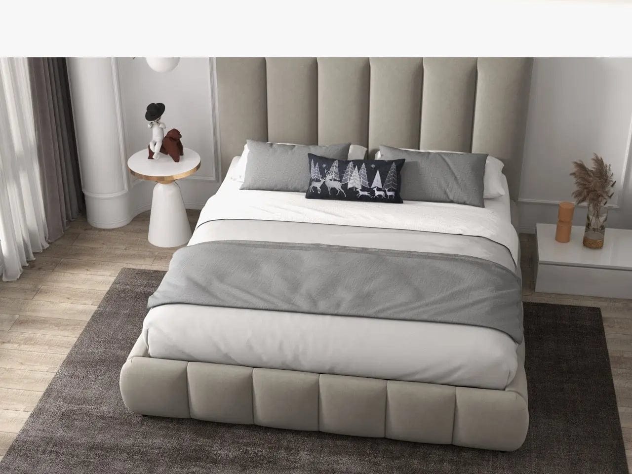 Pat dormitor dumonde, tapitat bej, Divaneo 140x200 cm, somiera rabatabila inclusa, spatiu depozitare