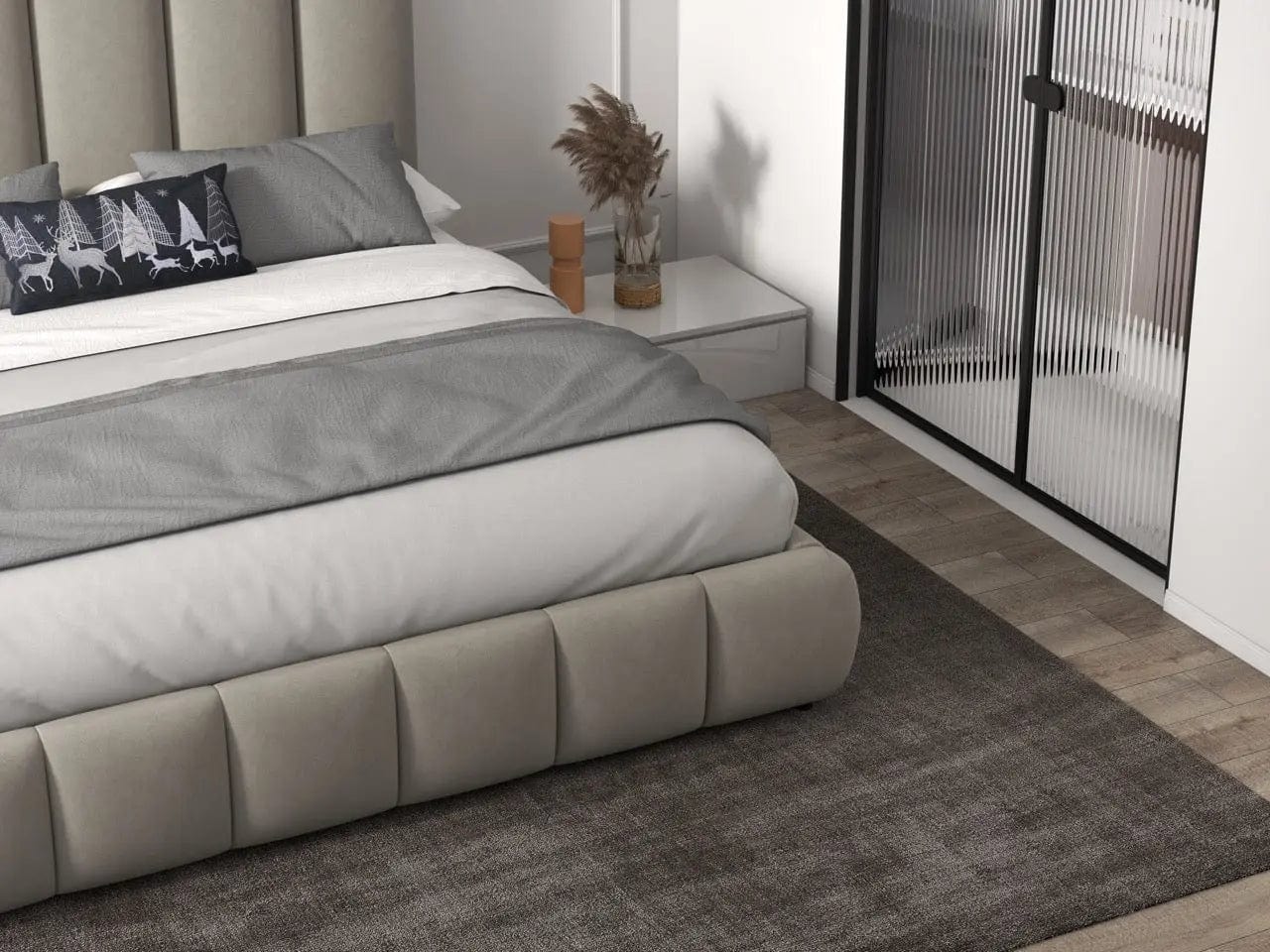 Pat dormitor dumonde, tapitat bej, Divaneo 140x200 cm, somiera rabatabila inclusa, spatiu depozitare