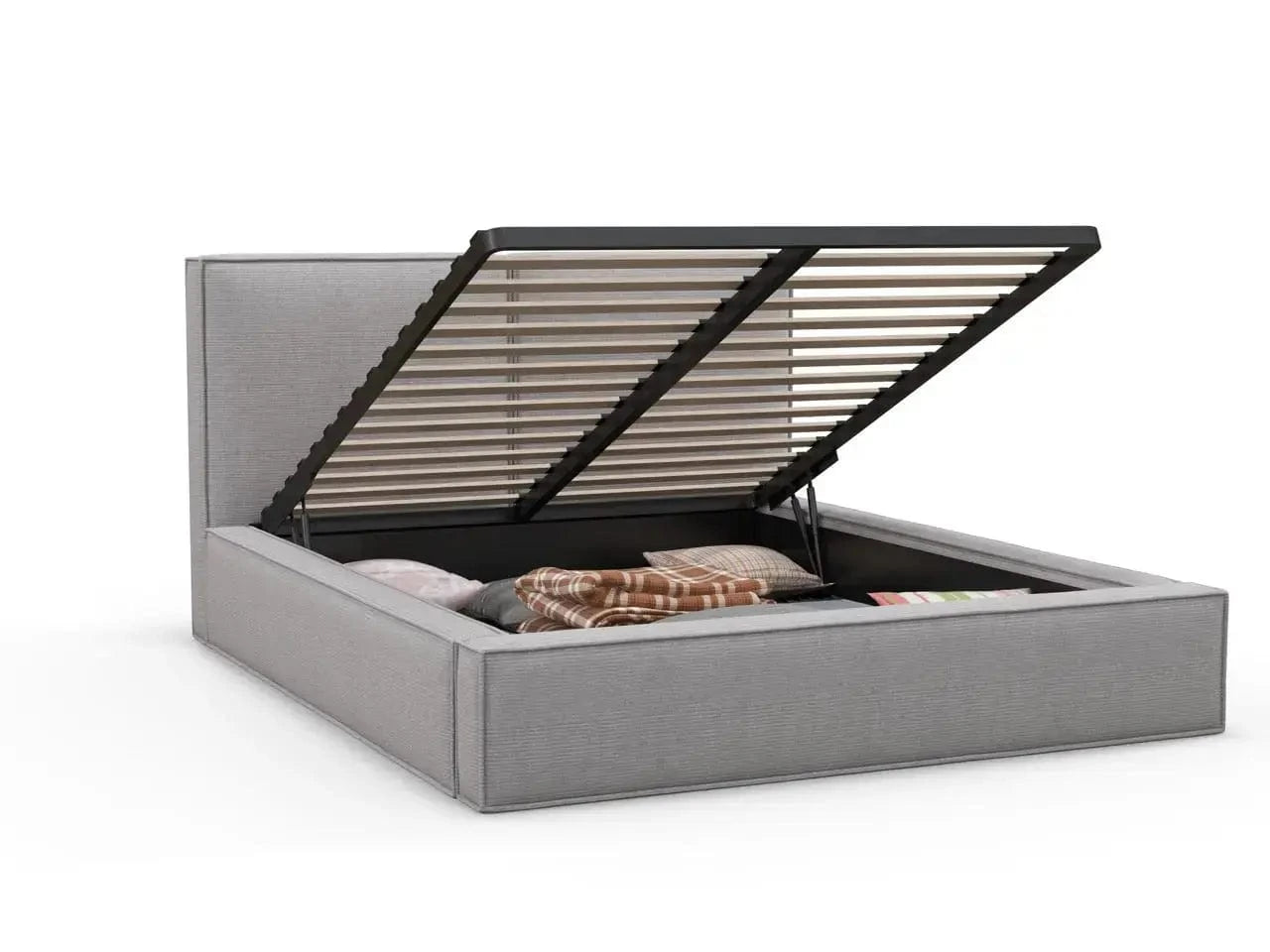 Pat dormitor dumonde, tapitat gri, Dreamer 180x200 cm, somiera rabatabila inclusa, spatiu depozitare WLS