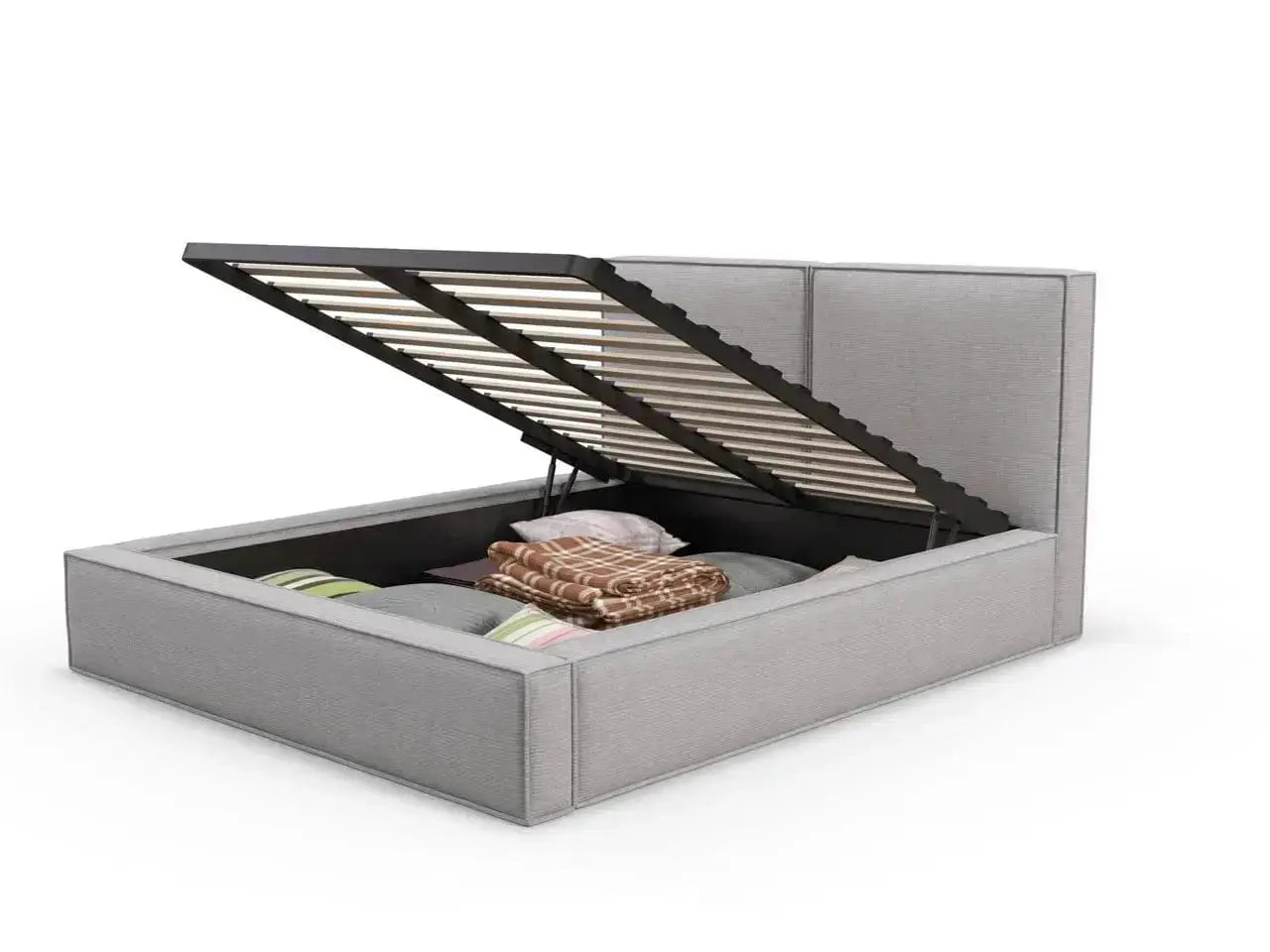 Pat dormitor dumonde, tapitat gri, Dreamer 160x200 cm, somiera rabatabila inclusa, spatiu depozitare WLS