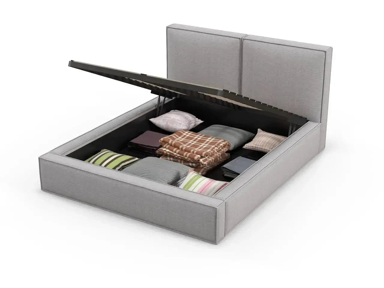Pat dormitor dumonde, tapitat gri, Dreamer 180x200 cm, somiera rabatabila inclusa, spatiu depozitare WLS