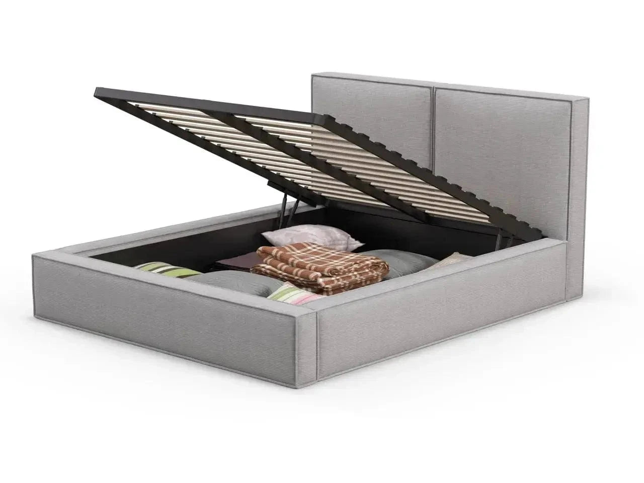 Pat dormitor dumonde, tapitat gri, Dreamer 180x200 cm, somiera rabatabila inclusa, spatiu depozitare WLS