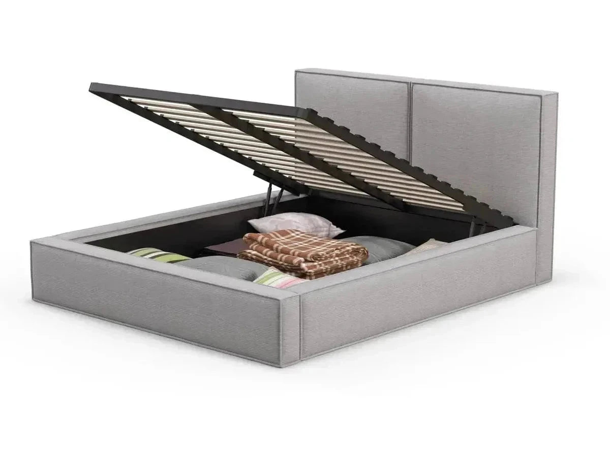 Pat dormitor dumonde, tapitat alb, Dreamer 160x200 cm, somiera rabatabila inclusa, spatiu depozitare WLS