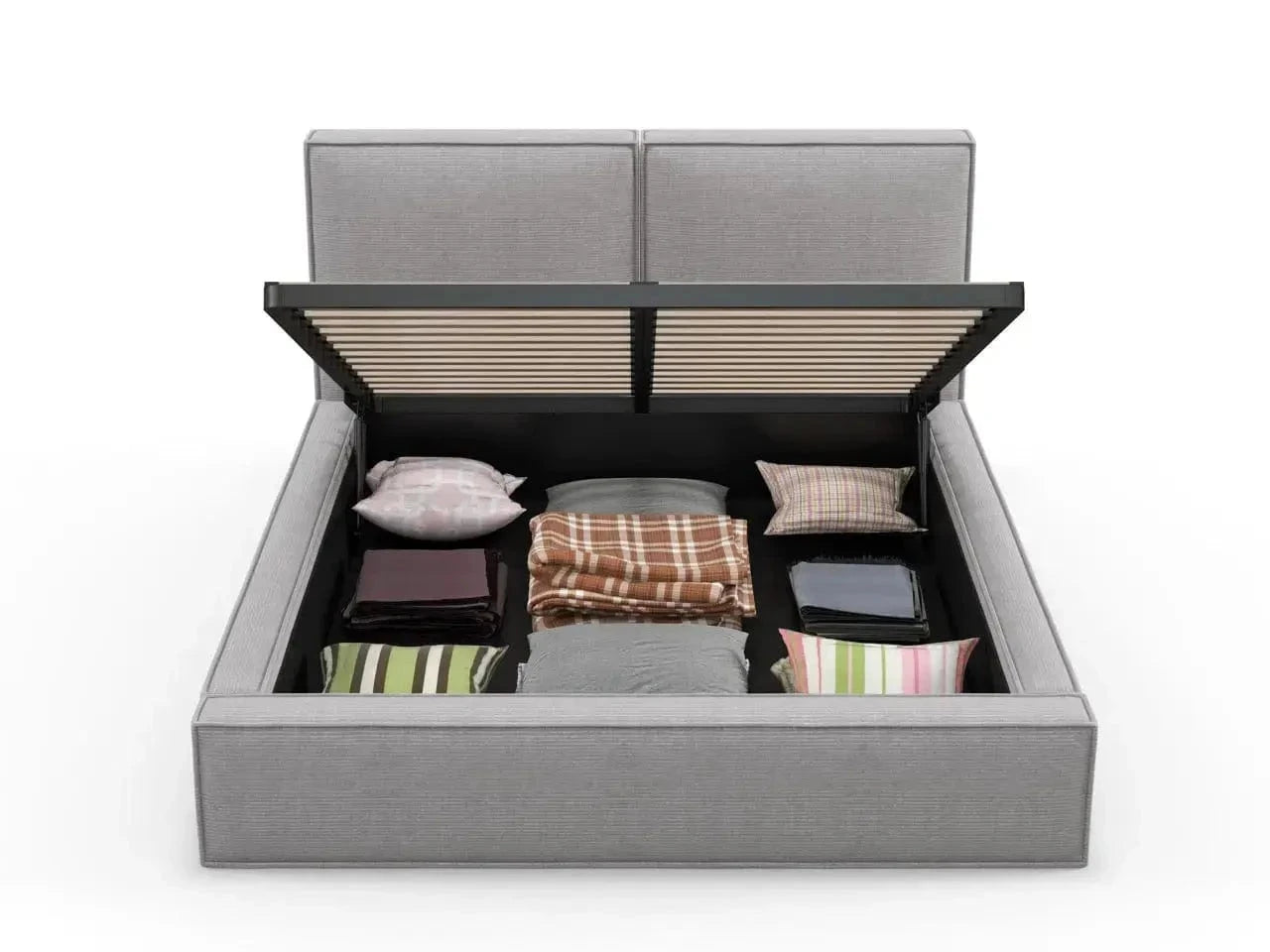 Pat dormitor dumonde, tapitat gri, Dreamer 180x200 cm, somiera rabatabila inclusa, spatiu depozitare WLS