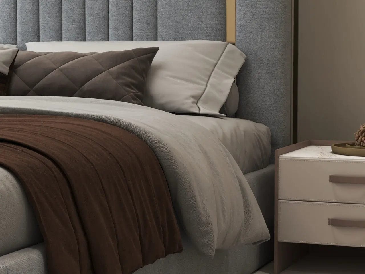 Pat dormitor dumonde, tapitat gri, Lukas 160x200 cm, somiera rabatabila inclusa, spatiu depozitare