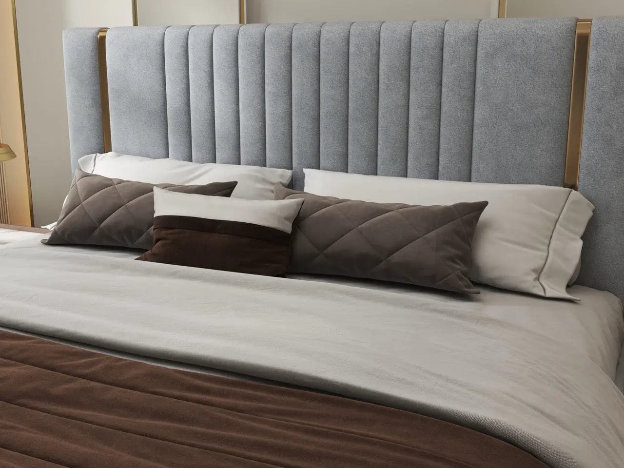 Pat dormitor dumonde, tapitat gri, Lukas 160x200 cm, somiera rabatabila inclusa, spatiu depozitare