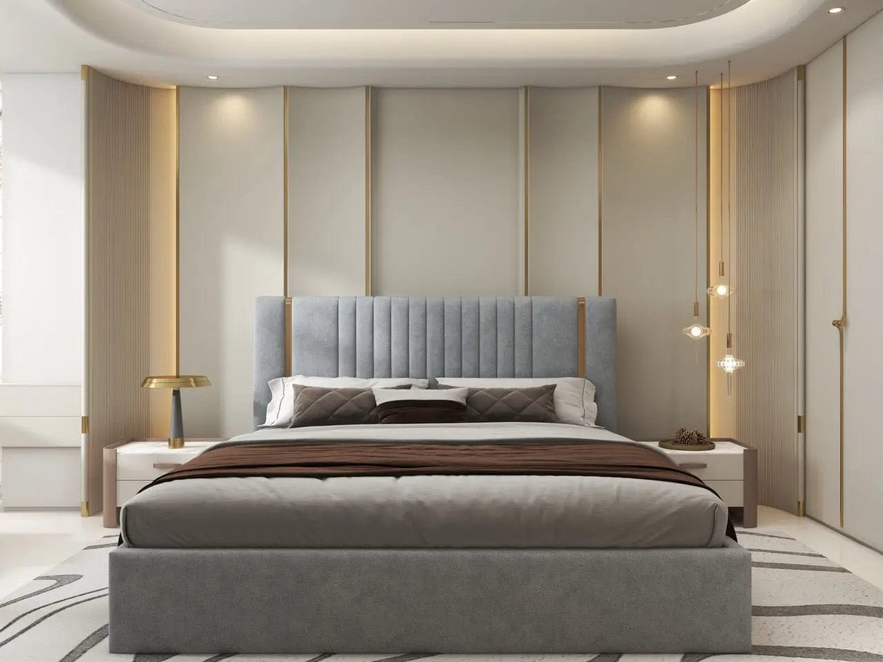 Pat dormitor dumonde, tapitat gri, Lukas 160x200 cm, somiera rabatabila inclusa, spatiu depozitare