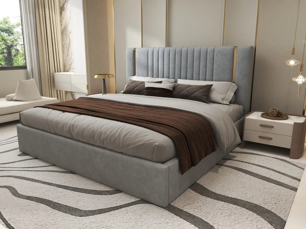 Pat dormitor dumonde, tapitat gri, Lukas 160x200 cm, somiera rabatabila inclusa, spatiu depozitare