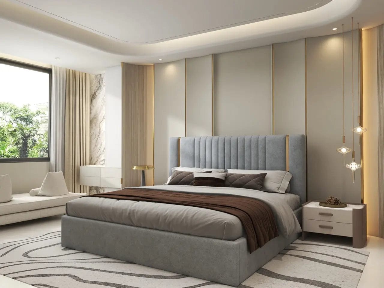 Pat dormitor dumonde, tapitat gri, Lukas 160x200 cm, somiera rabatabila inclusa, spatiu depozitare