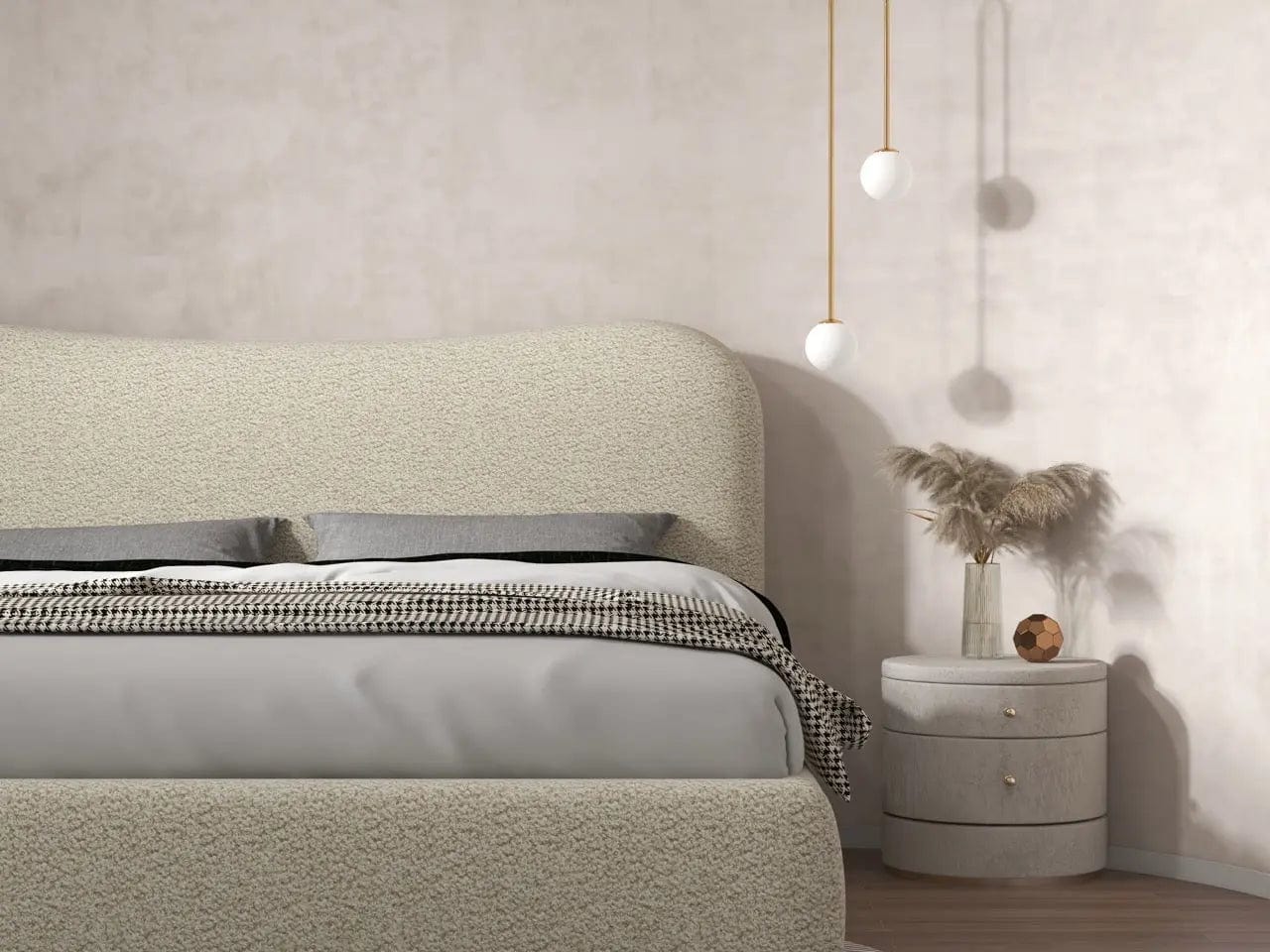 Pat dormitor dumonde, tapitat bej, Matias 180x200 cm, somiera rabatabila inclusa, spatiu depozitare