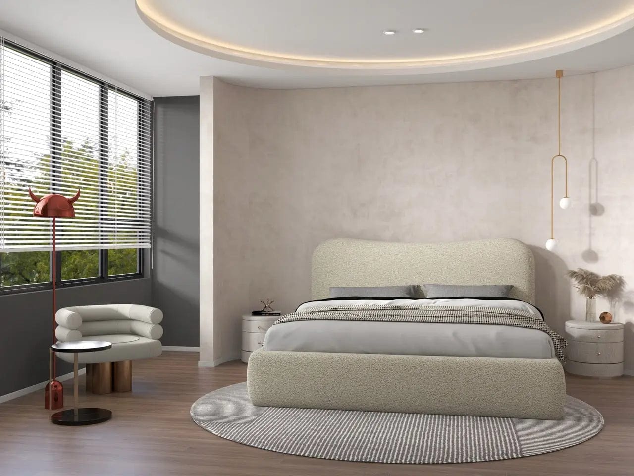 Pat dormitor dumonde, tapitat bej, Matias 180x200 cm, somiera rabatabila inclusa, spatiu depozitare