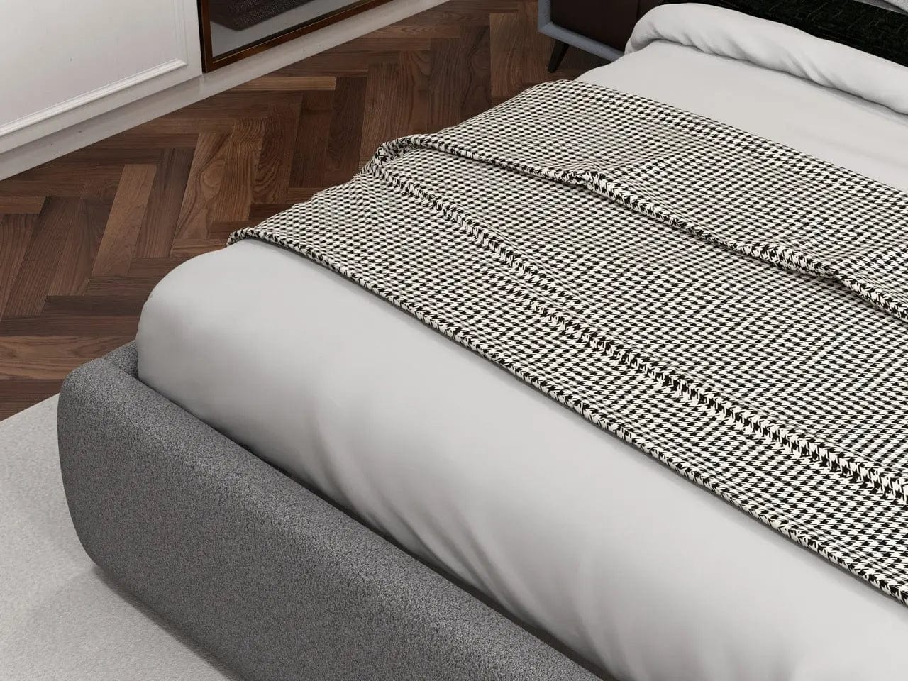 Pat dormitor dumonde, tapitat gri, Matias 180x200 cm, somiera rabatabila inclusa, spatiu depozitare