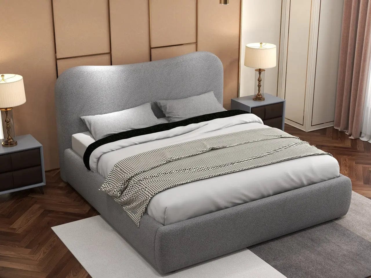 Pat dormitor dumonde, tapitat gri, Matias 180x200 cm, somiera rabatabila inclusa, spatiu depozitare