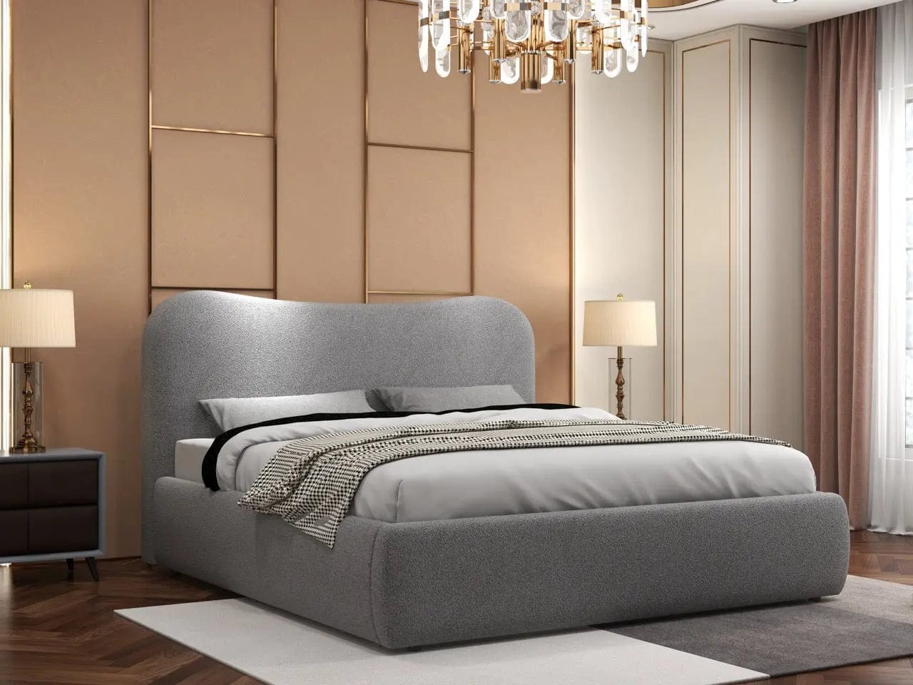 Pat dormitor dumonde, tapitat gri, Matias 180x200 cm, somiera rabatabila inclusa, spatiu depozitare