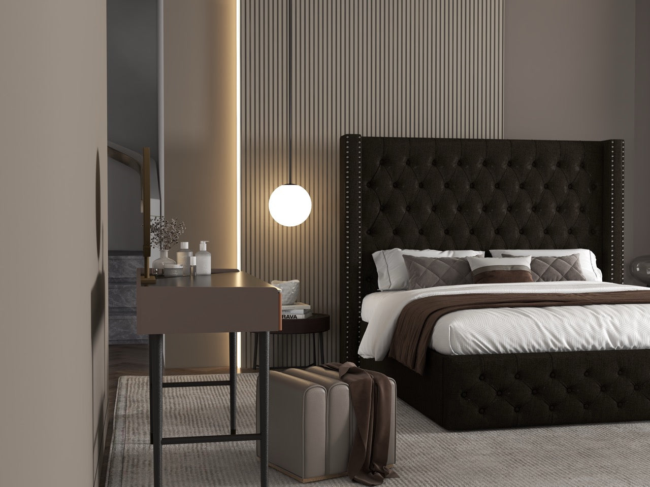 Pat dormitor dumonde, tapitat maro, Luxory 160x200 cm, somiera inclusa, spatiu depozitare WLS